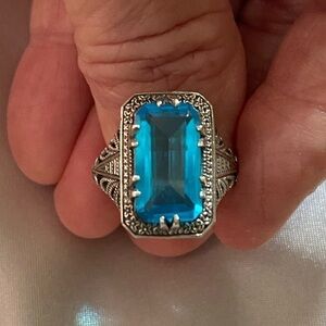 NEW large Emerald shaped blue topaz and sterling